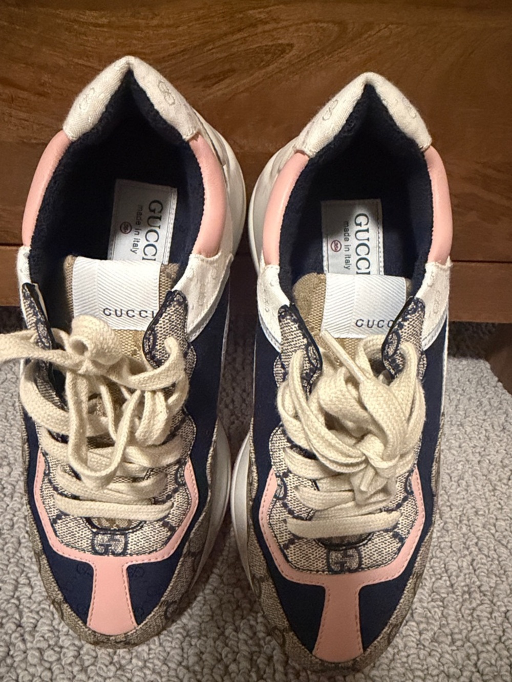 Gucci Navy, Pink & Cream GG Canvas Runner Sneakers - Picture 2 of 9
